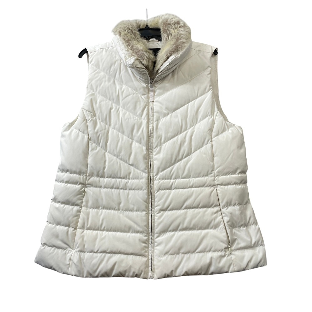 Talbots XL Vest Snow White Faux Fur Collar Polyester Puffer Quilted Down Filled